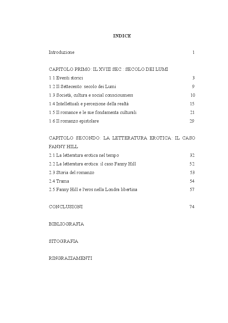 Indice della tesi: La letteratura erotica del Settecento: il caso Fanny Hill, Pagina 1