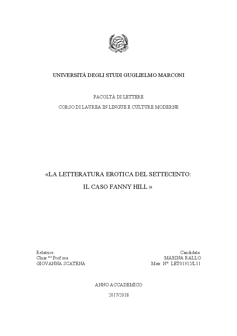 Anteprima della tesi: La letteratura erotica del Settecento: il caso Fanny Hill, Pagina 1
