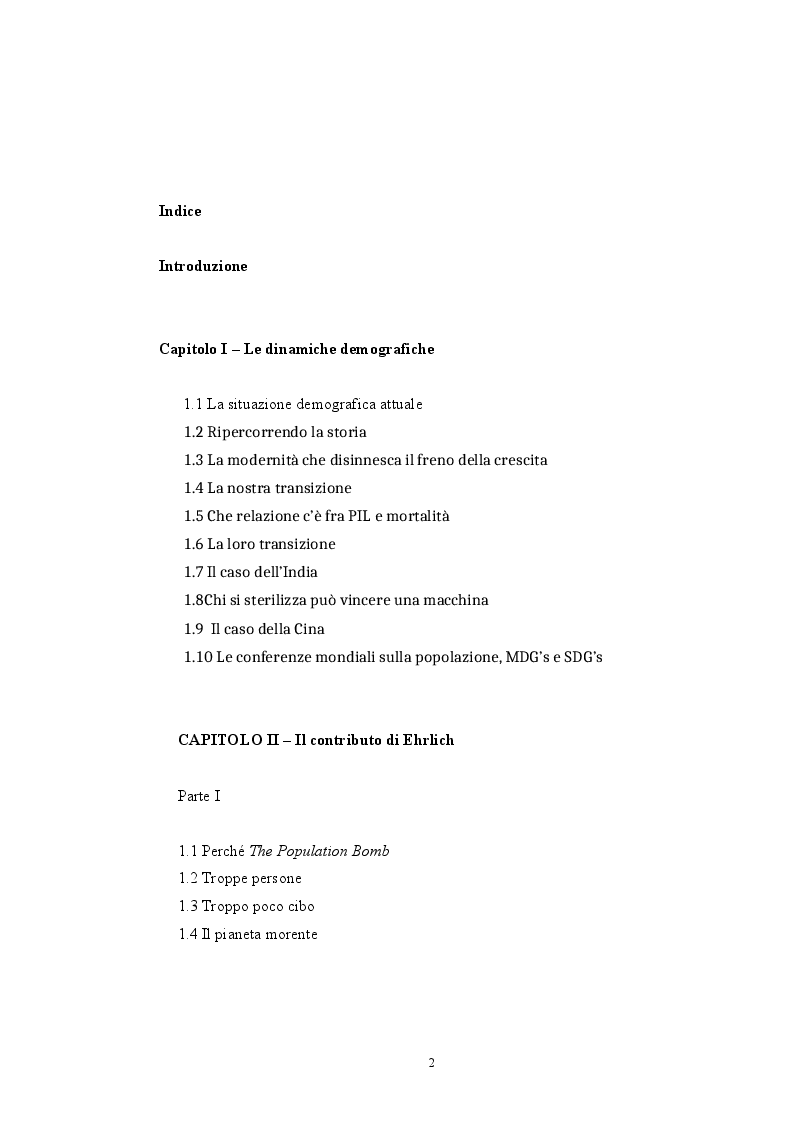 Indice della tesi: Sovrappopolazione e collasso ambientale, Pagina 1