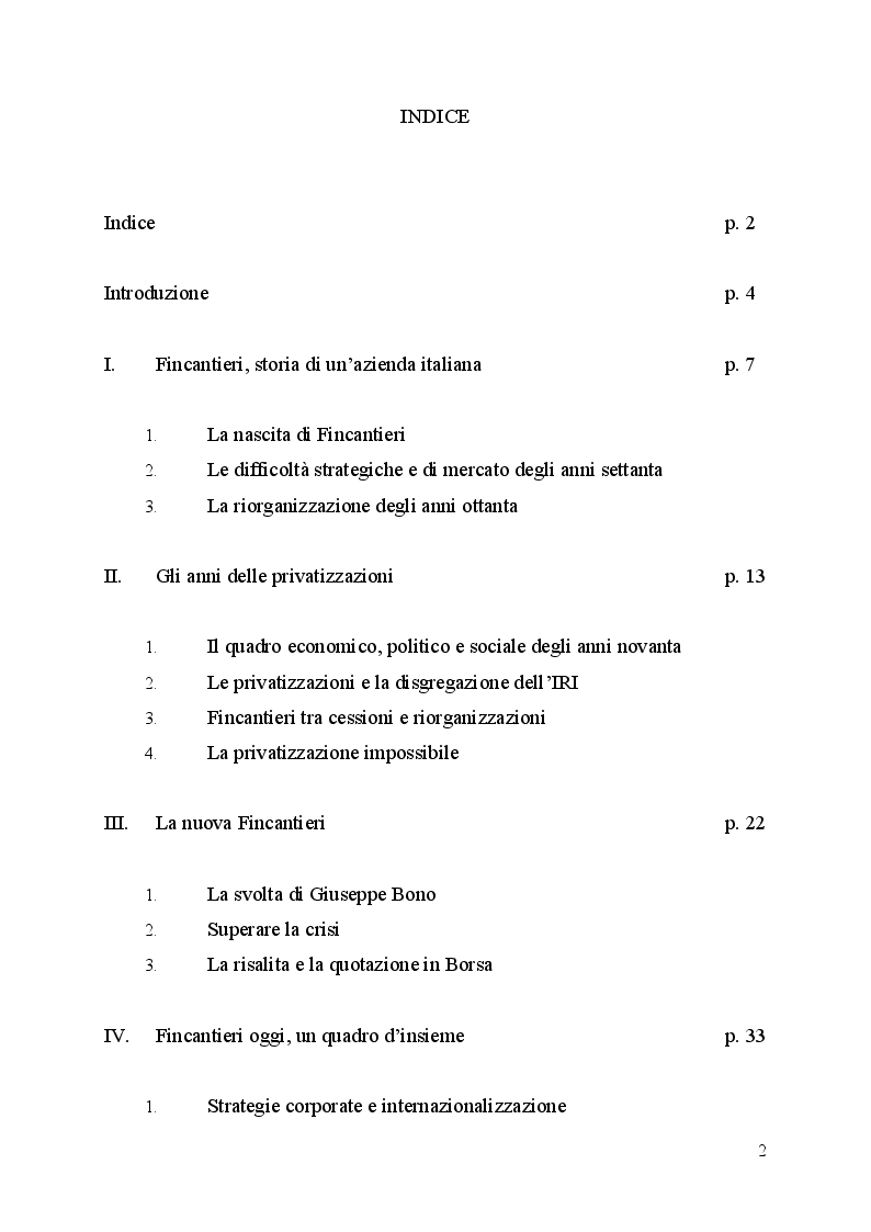 Indice della tesi: Fincantieri, dalla fine dell'IRI al successo internazionale, Pagina 1