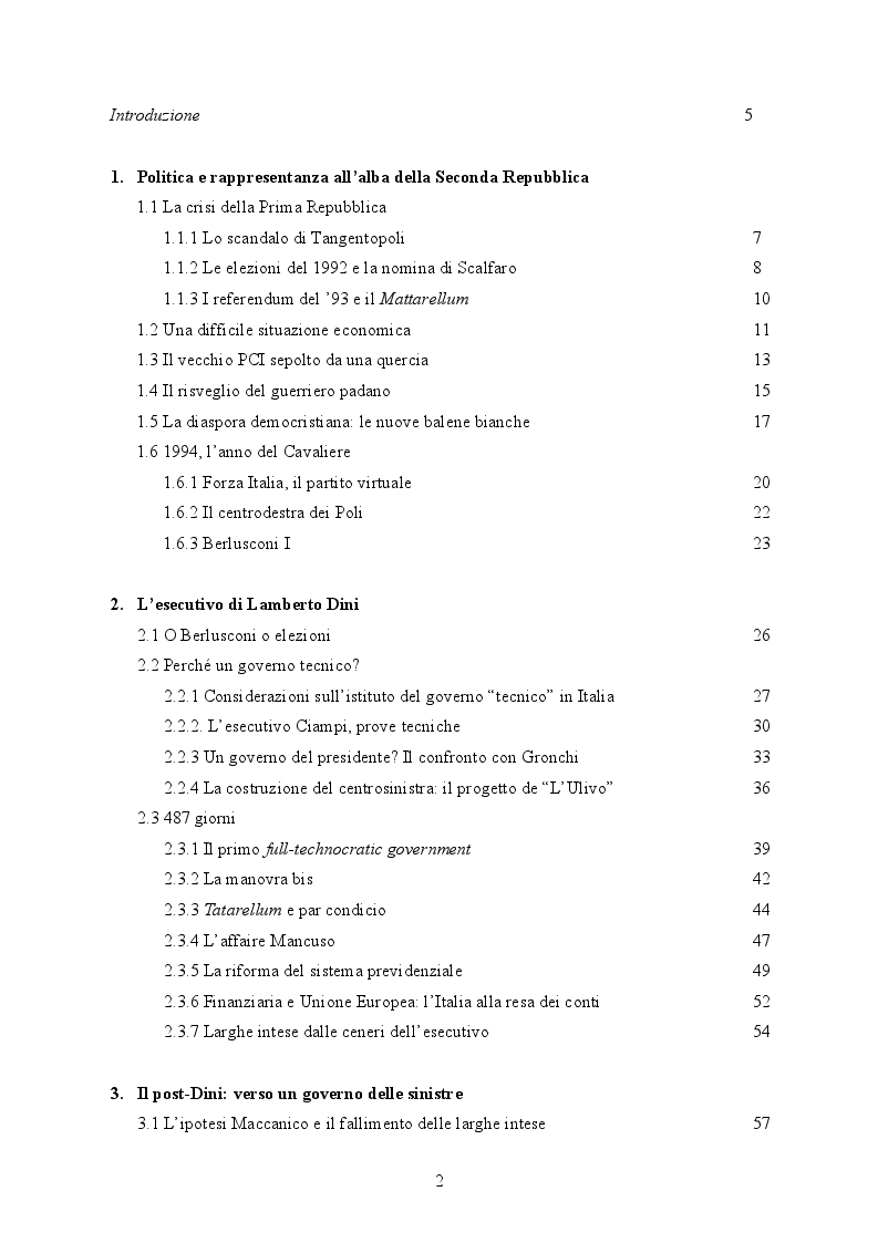 Indice della tesi: Il governo di Lamberto Dini (1995-1996). L'anello tecnico tra le due repubbliche, Pagina 1