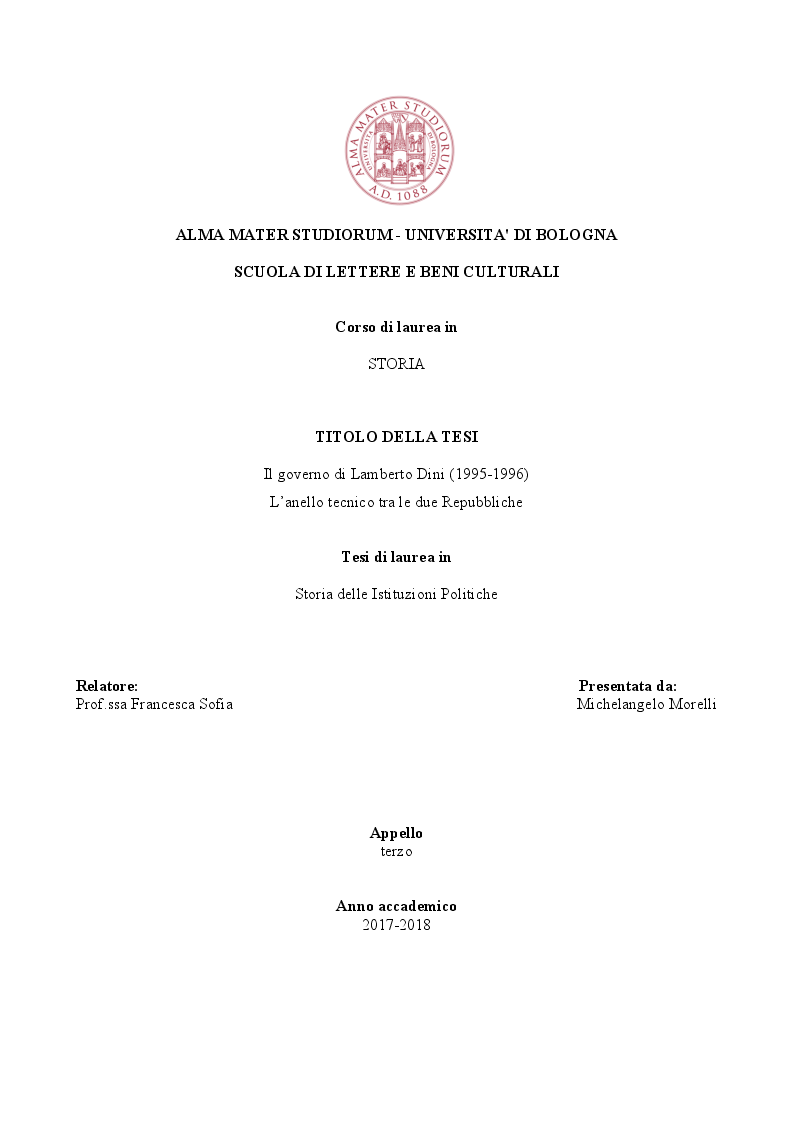 Anteprima della tesi: Il governo di Lamberto Dini (1995-1996). L'anello tecnico tra le due repubbliche, Pagina 1