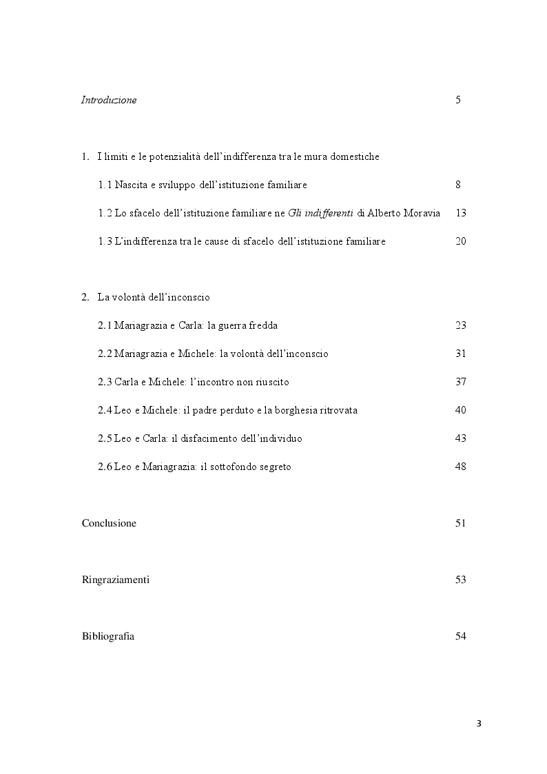 Indice della tesi: Lo sfacelo dell'istituzione familiare ne "Gli indifferenti" di Alberto Moravia, Pagina 1