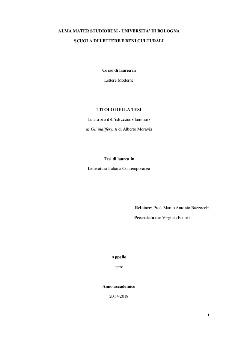 Anteprima della tesi: Lo sfacelo dell'istituzione familiare ne "Gli indifferenti" di Alberto Moravia, Pagina 1