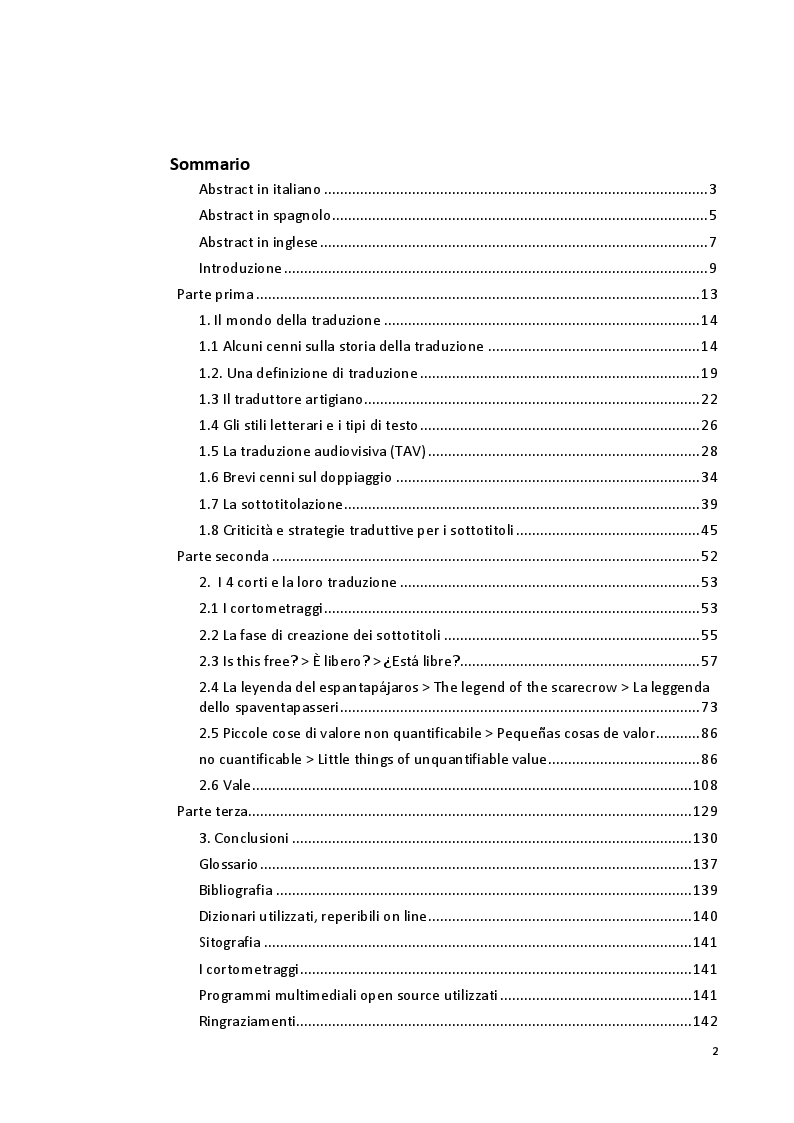 Indice della tesi: Viaggio attraverso la traduzione e sottotitolazione di quattro cortometraggi tra inglese, spagnolo e italiano, Pagina 1