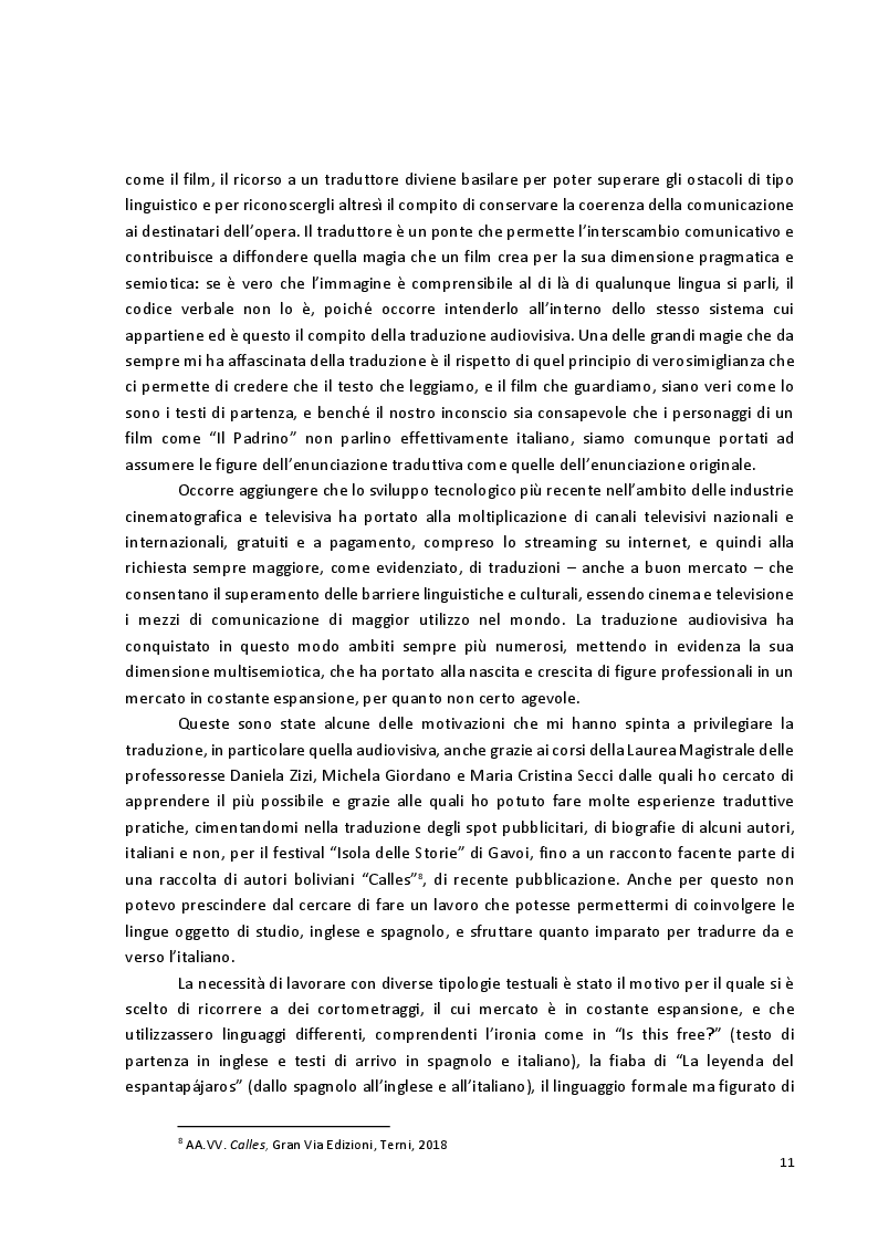 Anteprima della tesi: Viaggio attraverso la traduzione e sottotitolazione di quattro cortometraggi tra inglese, spagnolo e italiano, Pagina 4