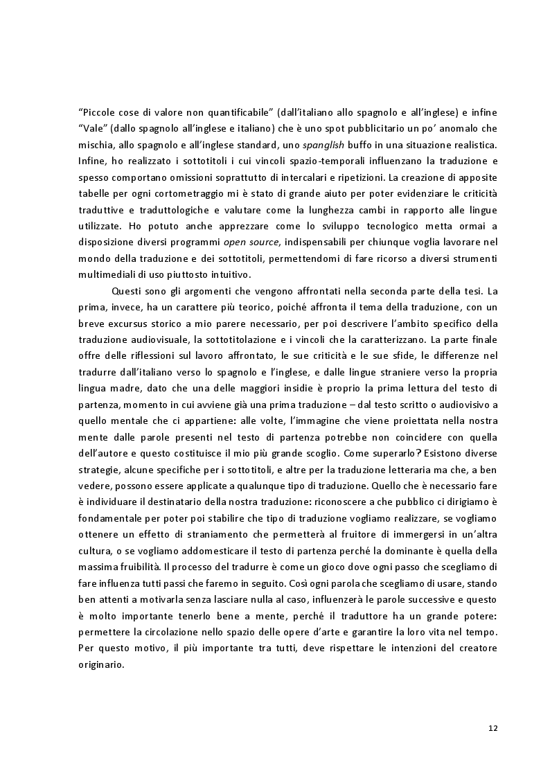 Anteprima della tesi: Viaggio attraverso la traduzione e sottotitolazione di quattro cortometraggi tra inglese, spagnolo e italiano, Pagina 5