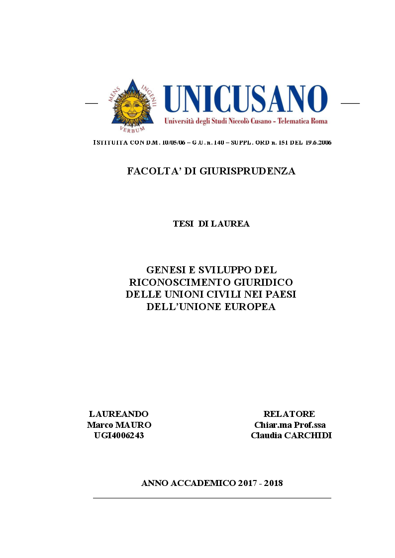 Anteprima della tesi: Genesi e sviluppo del riconoscimento giuridico delle unioni civili nei paesi dell'Unione Europea, Pagina 1