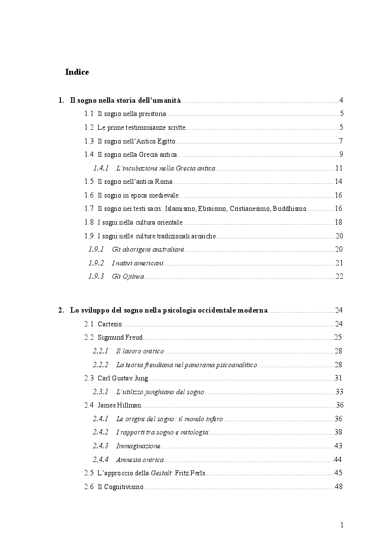 Indice della tesi: Il Sogno Lucido: da una ricostruzione Storico-Antropologica del fenomeno onirico alle più attuali acquisizioni Psico-Fisiologiche, per un'applicazione in campo Psicoterapeutico, Pagina 1