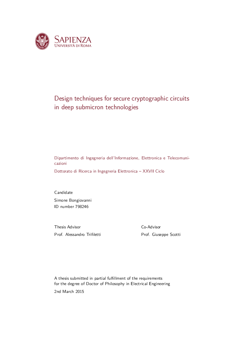 Anteprima della tesi: Design techniques for secure cryptographic circuits in deep submicron technologies, Pagina 1
