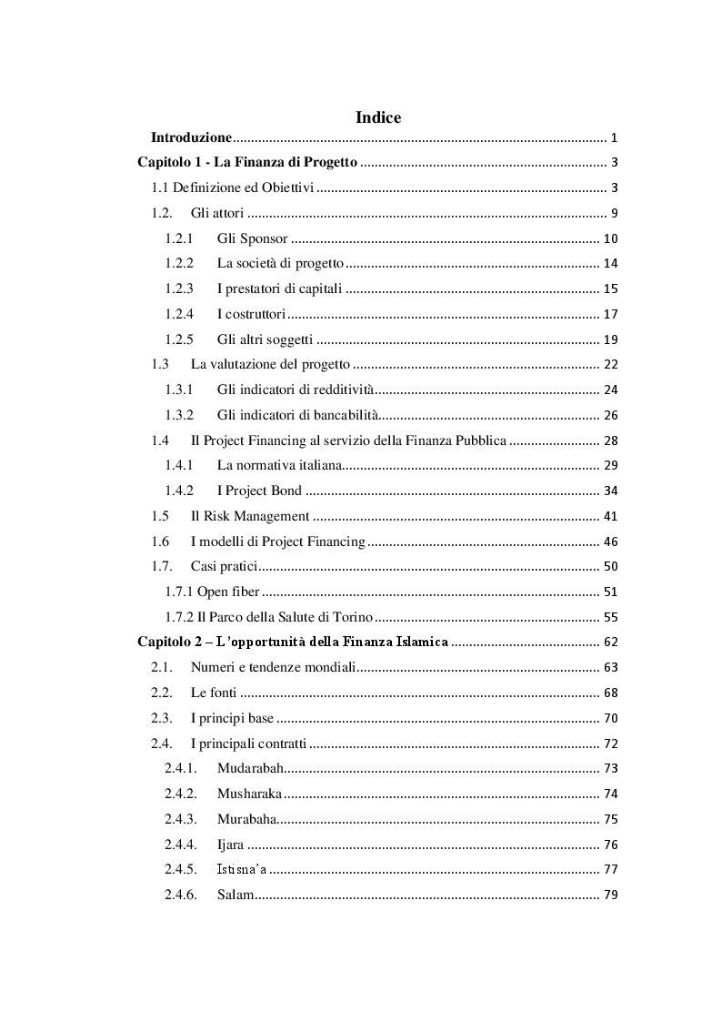 Indice della tesi: Esperienze di Project Financing a confronto: l'opportunità degli strumenti della Finanza Islamica, Pagina 1