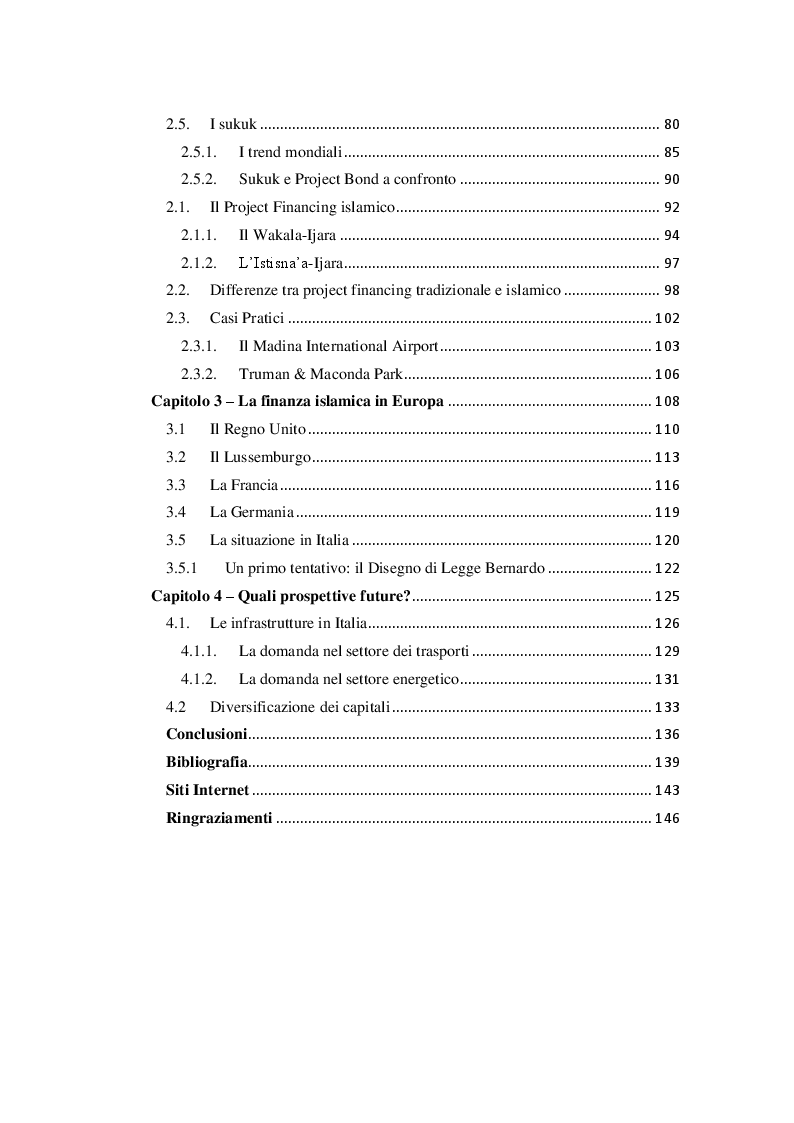 Indice della tesi: Esperienze di Project Financing a confronto: l'opportunità degli strumenti della Finanza Islamica, Pagina 2