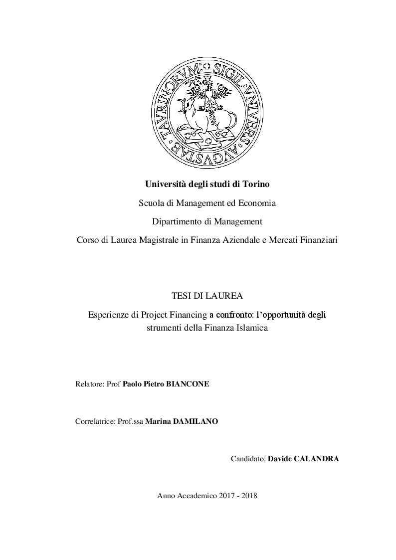 Anteprima della tesi: Esperienze di Project Financing a confronto: l'opportunità degli strumenti della Finanza Islamica, Pagina 1
