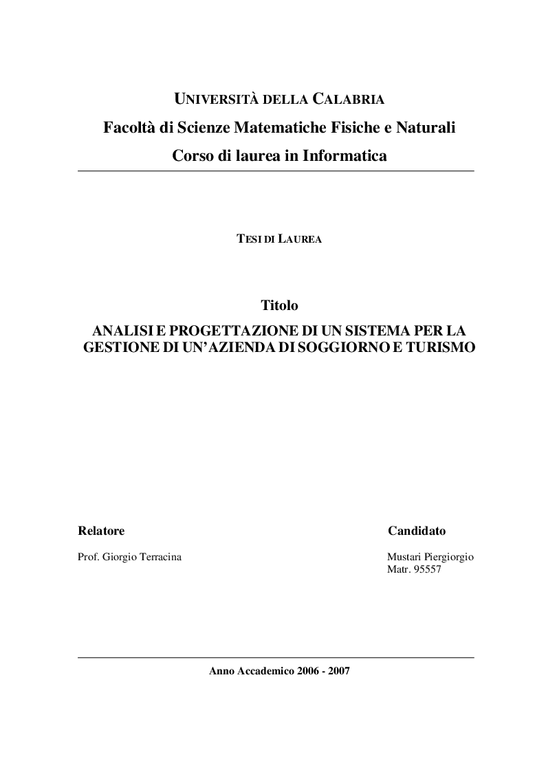 Anteprima della tesi: Analisi e Progettazione di un sistema per la gestione di un'azienda di soggiorno e turismo, Pagina 1