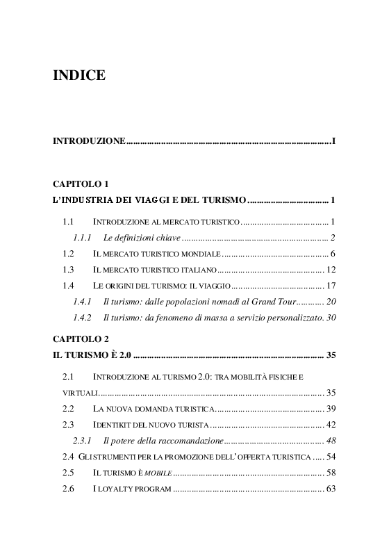 Indice della tesi: La promozione dell’offerta turistica online: Analisi e progettazione di un mobile loyalty program, Pagina 1