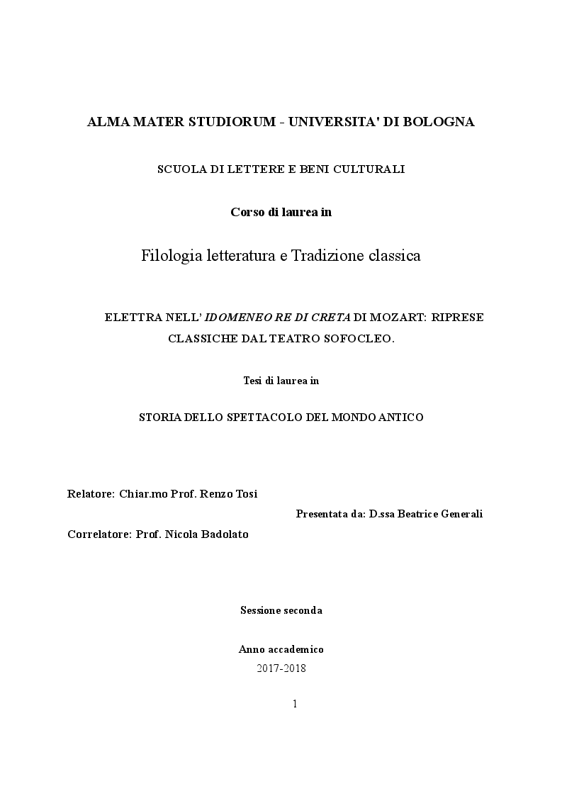 Anteprima della tesi: Elettra nell'Idomeneo Re di Creta di Mozart: riprese classiche dal teatro sofocleo, Pagina 1