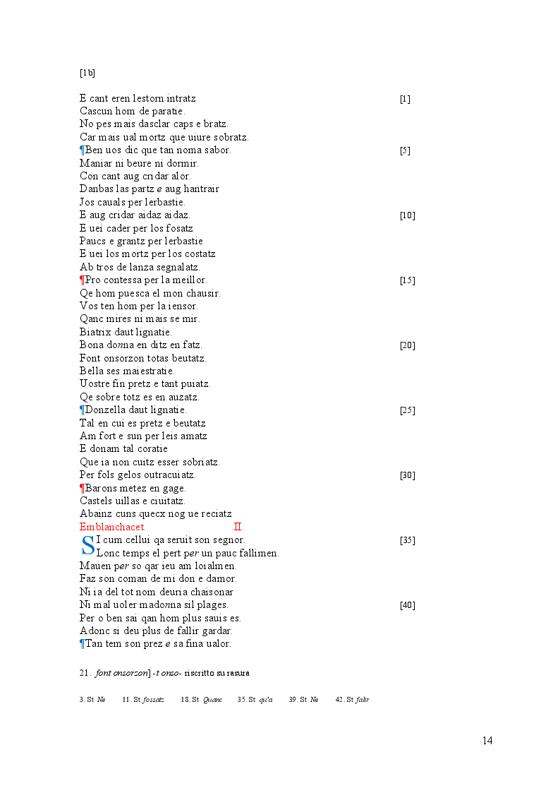Estratto dalla tesi: Edizione interpretativa, traduzione e commento del primo contingente di liriche tràdito dal canzoniere provenzale P.