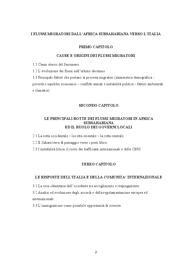 Indice della tesi: I flussi migratori dall'Africa subsahariana verso l'Italia, Pagina 1