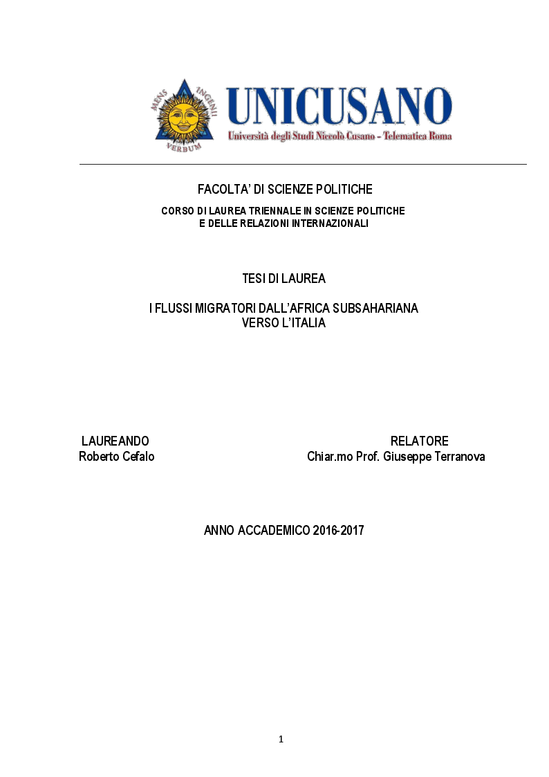 Anteprima della tesi: I flussi migratori dall'Africa subsahariana verso l'Italia, Pagina 1