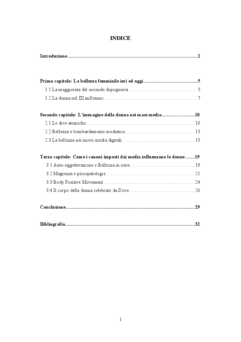 Indice della tesi: Lo stereotipo del corpo femminile imposto dai mass media : Anni 50' e III Millennio a confronto, Pagina 1