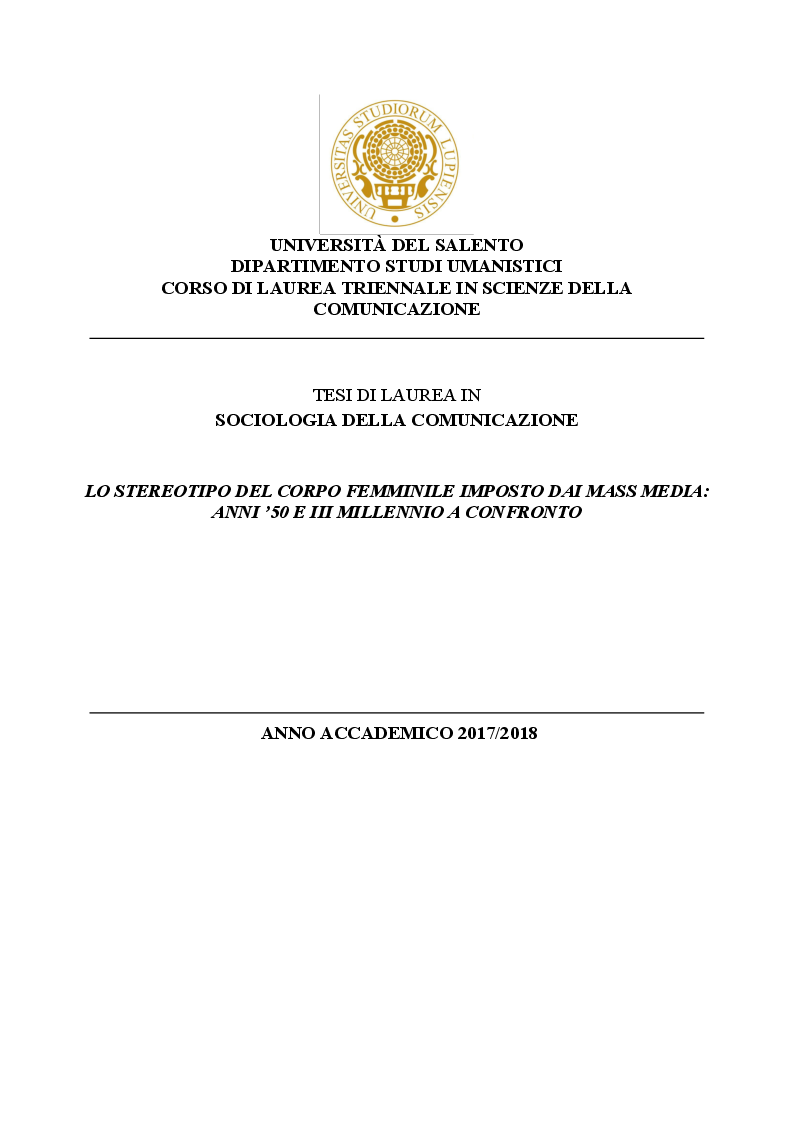 Anteprima della tesi: Lo stereotipo del corpo femminile imposto dai mass media : Anni 50' e III Millennio a confronto, Pagina 1