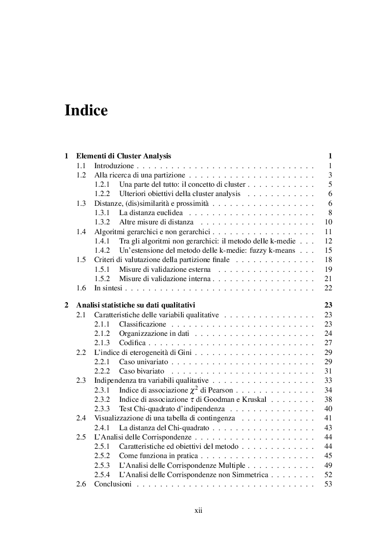 Indice della tesi: Classificazione automatica per dati ad alta dimensionalità: un approccio fuzzy per dati categorici, Pagina 1