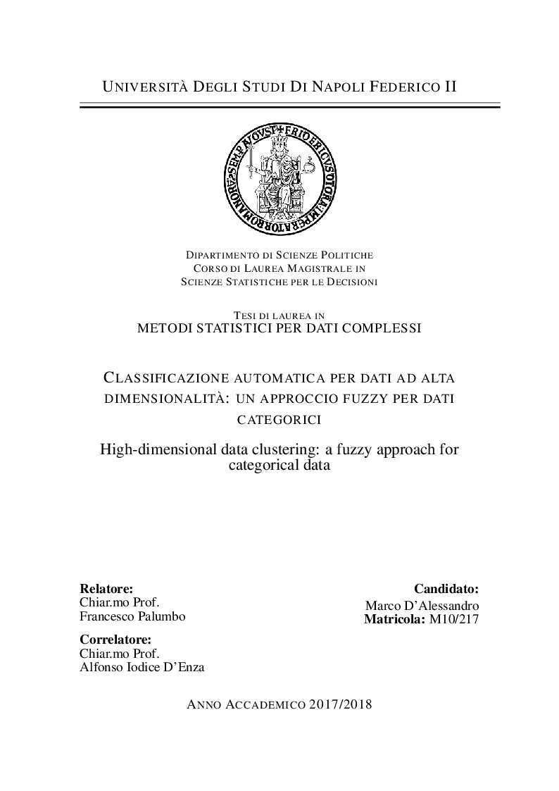 Anteprima della tesi: Classificazione automatica per dati ad alta dimensionalità: un approccio fuzzy per dati categorici, Pagina 1