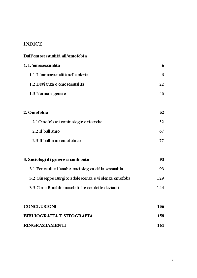 Indice della tesi: Il bullismo omofobico: maschilismo e devianza, Pagina 1