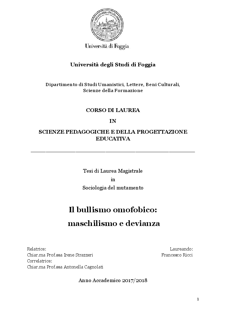 Anteprima della tesi: Il bullismo omofobico: maschilismo e devianza, Pagina 1