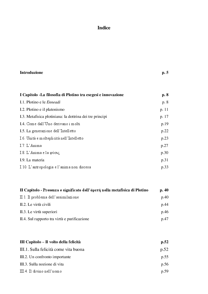 Indice della tesi: Felicità e virtù in Plotino, Pagina 1