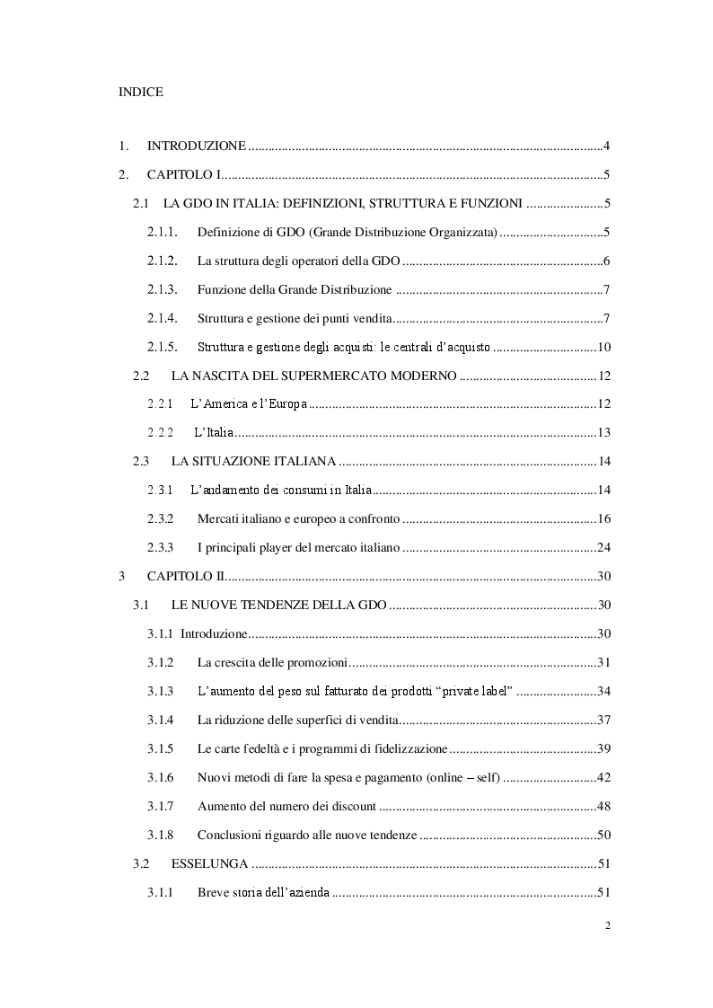 Indice della tesi: La grande distribuzione organizzata in Italia: prospettive e sviluppi, Pagina 1