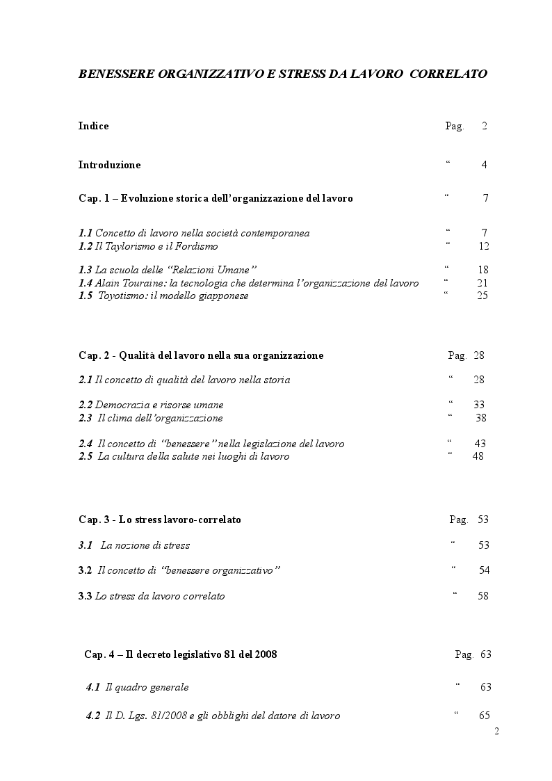 Indice della tesi: Benessere organizzativo e stress da lavoro correlato, Pagina 1