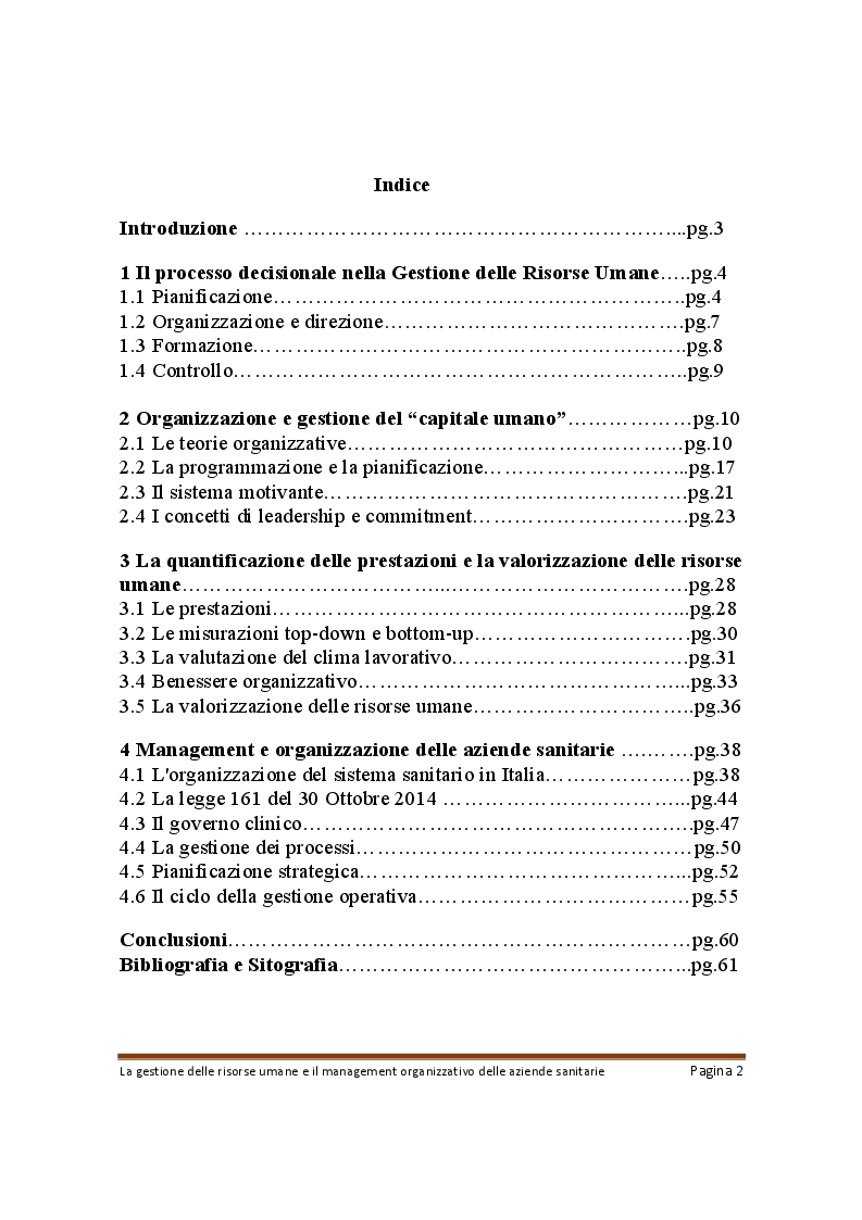 Indice della tesi: La gestione delle risorse umane e il management organizzativo delle aziende sanitarie, Pagina 1