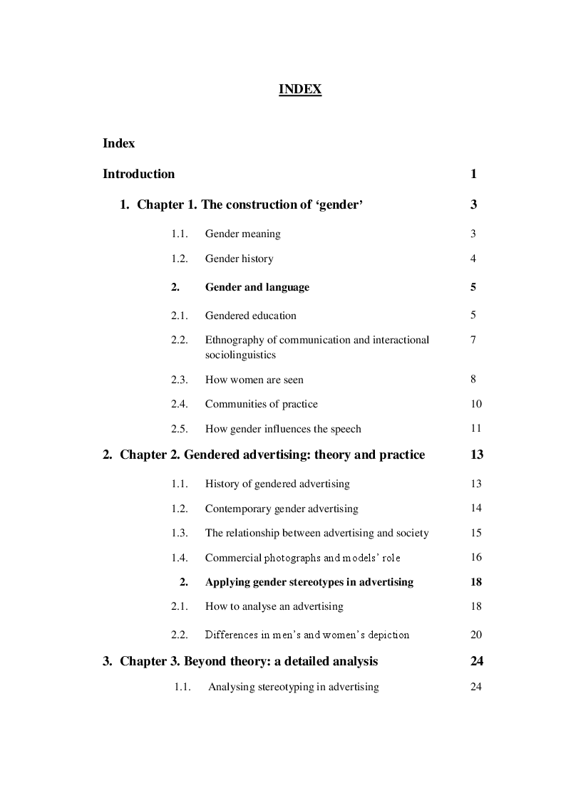 Indice della tesi: Gender and language in advertising, Pagina 1