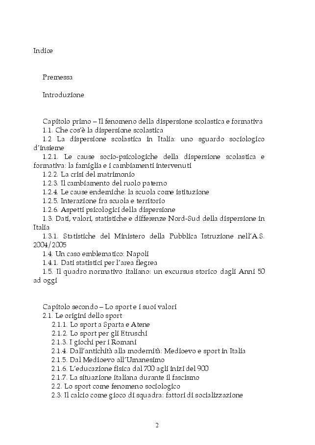 Indice della tesi: Dispersione scolastica e pedagogia dello sport: il progetto E.Sp.Air, Pagina 1