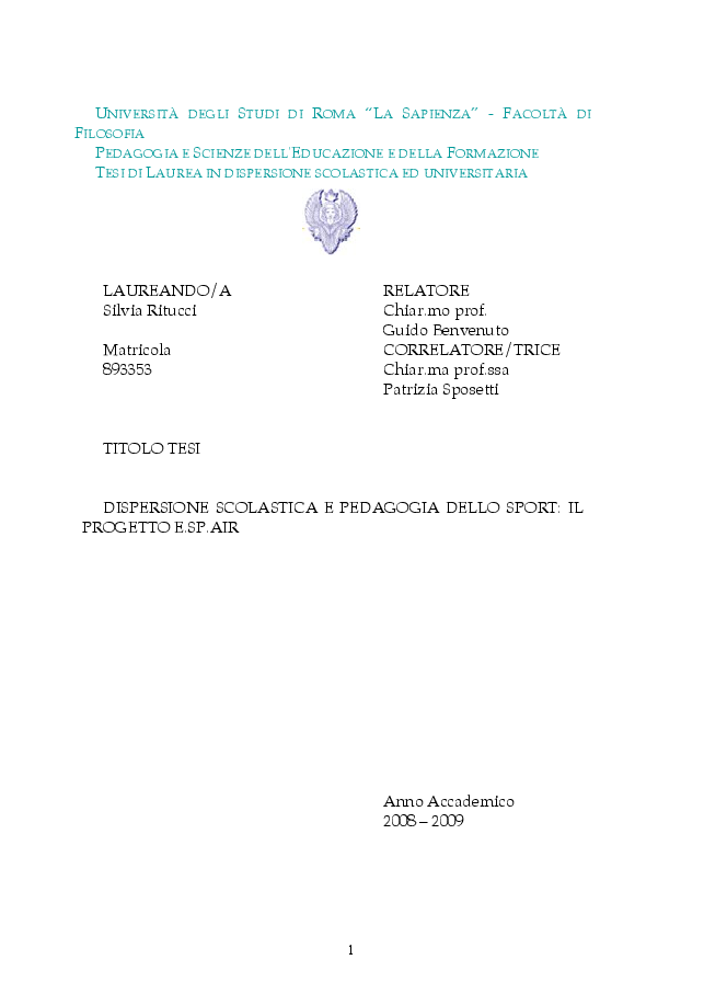 Anteprima della tesi: Dispersione scolastica e pedagogia dello sport: il progetto E.Sp.Air, Pagina 1