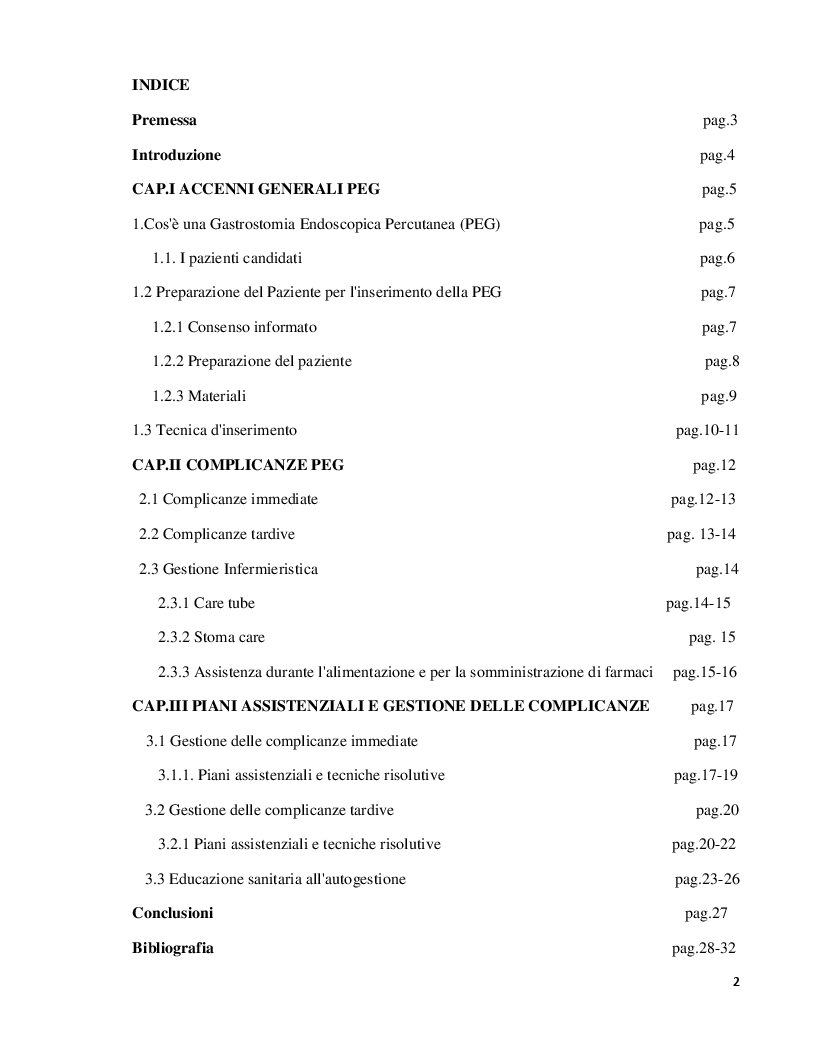 Indice della tesi: Gestione delle complicanze nei pazienti portatori di PEG, Pagina 1