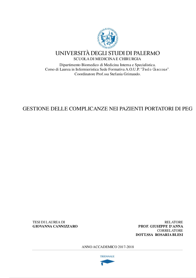 Anteprima della tesi: Gestione delle complicanze nei pazienti portatori di PEG, Pagina 1