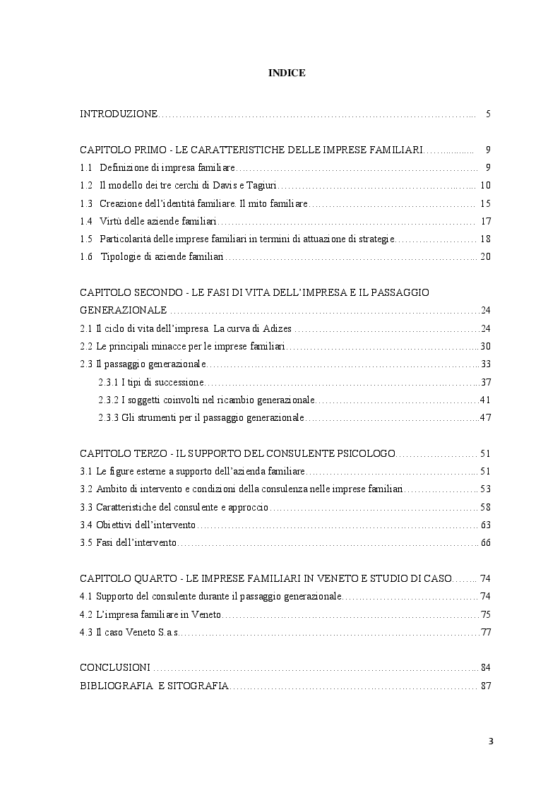 Indice della tesi: Il ruolo del consulente psicologo a supporto delle imprese di famiglia, Pagina 1