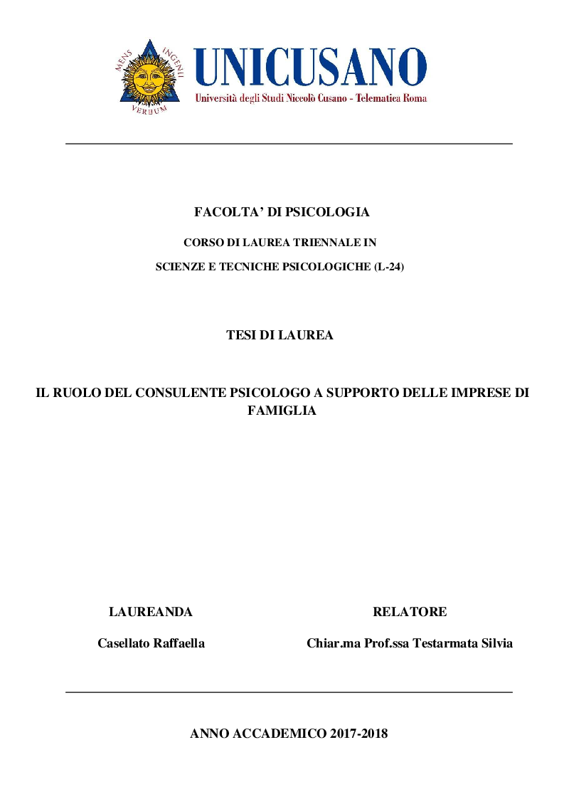 Anteprima della tesi: Il ruolo del consulente psicologo a supporto delle imprese di famiglia, Pagina 1