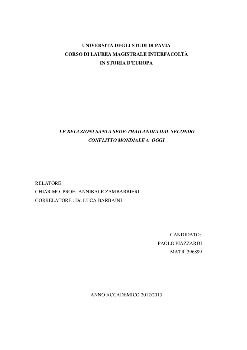 Anteprima della tesi: Le Relazioni Santa Sede/Thailandia dal secondo conflitto mondiale ad oggi, Pagina 1