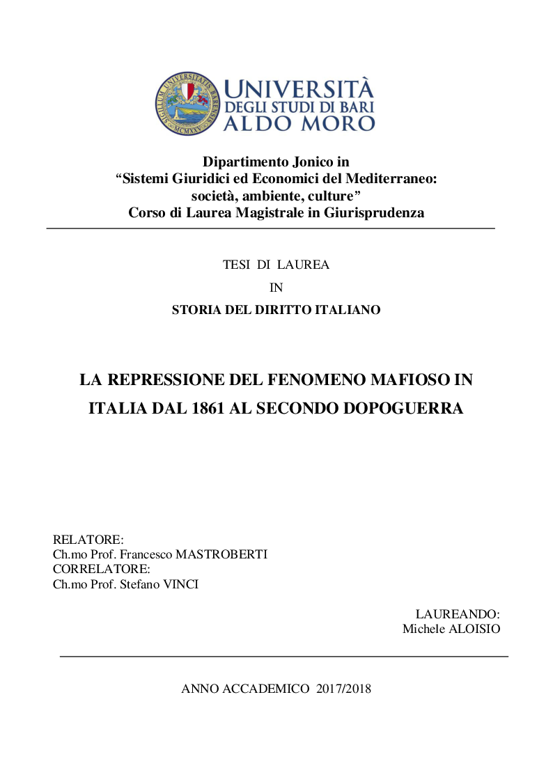 Anteprima della tesi: La repressione del fenomeno mafioso in Italia dal 1861 al secondo dopoguerra, Pagina 1