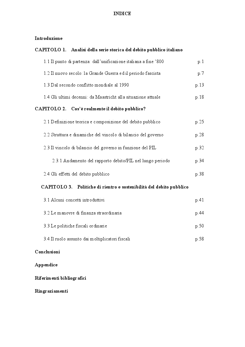Indice della tesi: Politica economica e sostenibilità del debito pubblico italiano, Pagina 1