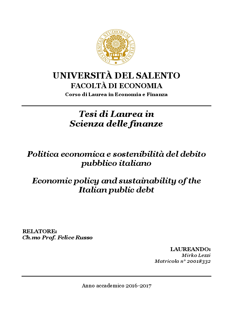 Anteprima della tesi: Politica economica e sostenibilità del debito pubblico italiano, Pagina 1
