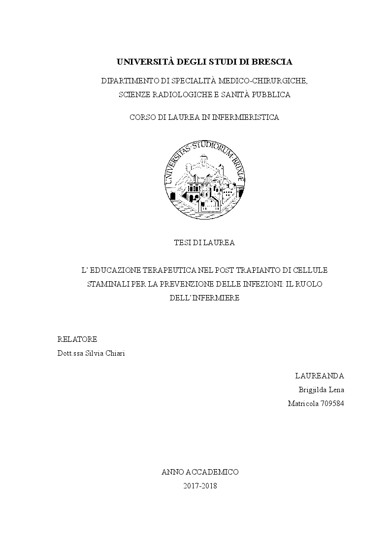 Anteprima della tesi: L'educazione terapeutica nel post trapianto di cellule staminali per la prevenzione delle infezioni: il ruolo dell'infermiere, Pagina 1