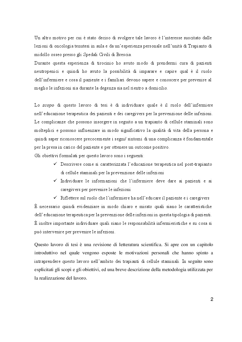 Anteprima della tesi: L'educazione terapeutica nel post trapianto di cellule staminali per la prevenzione delle infezioni: il ruolo dell'infermiere, Pagina 3
