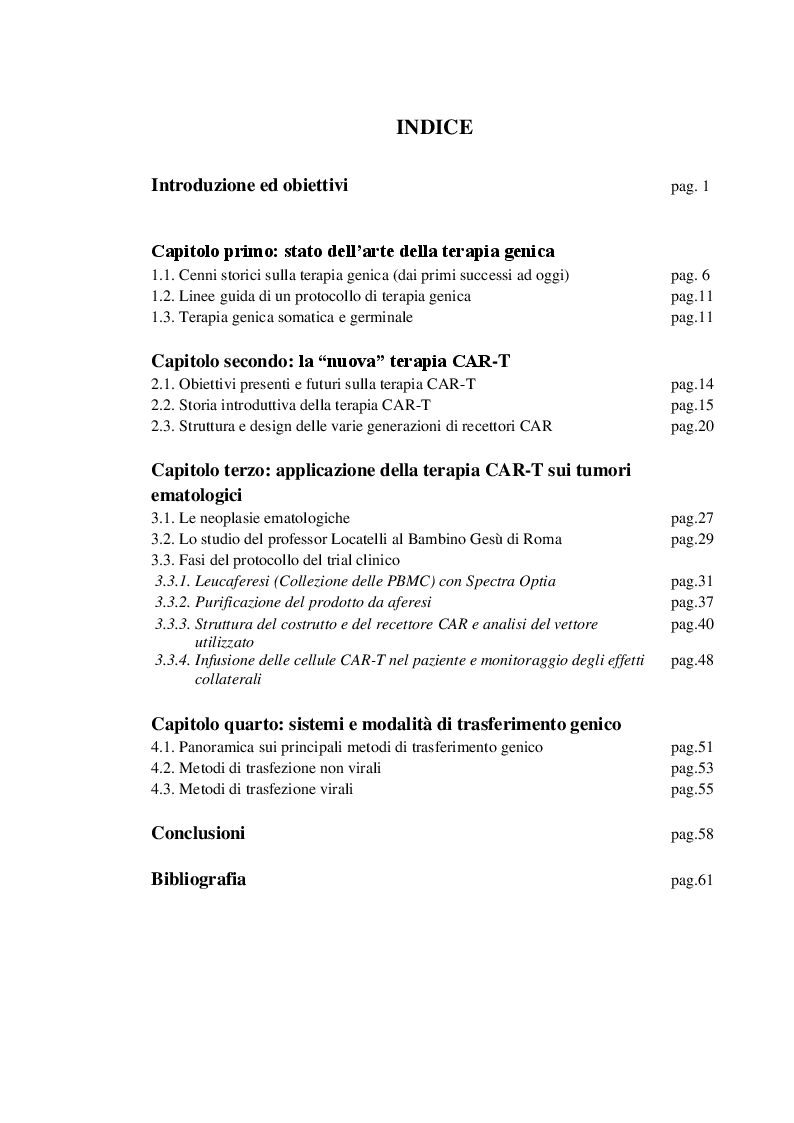 Indice della tesi: Immunoterapia oncologica mediante cellule CAR-T, Pagina 1
