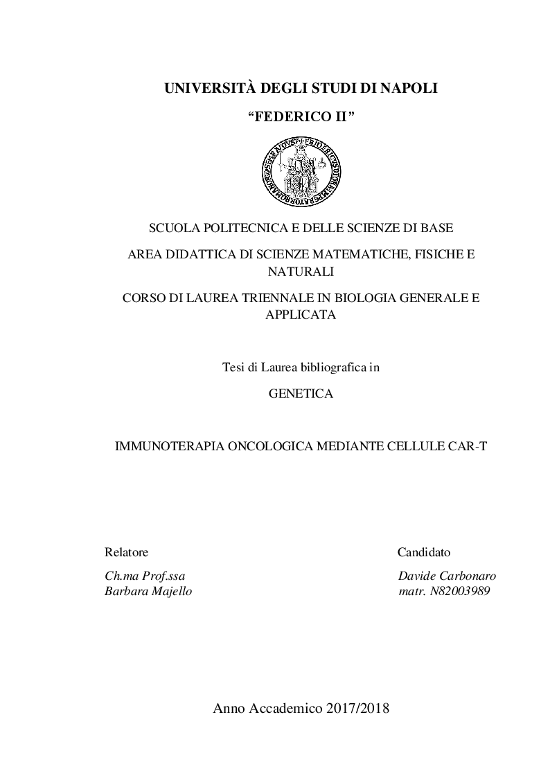 Anteprima della tesi: Immunoterapia oncologica mediante cellule CAR-T, Pagina 1