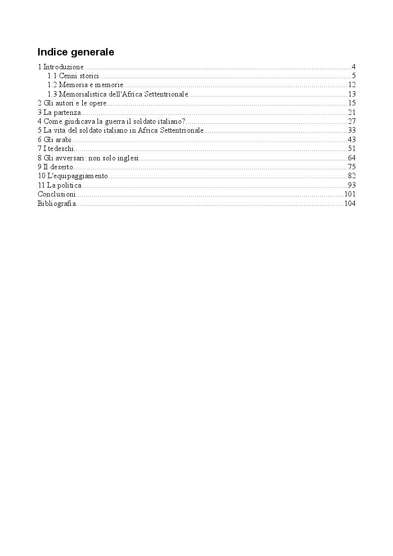 Indice della tesi: La Campagna d'Africa Settentrionale (1940-1943): memorialisti italiani a confronto, Pagina 1