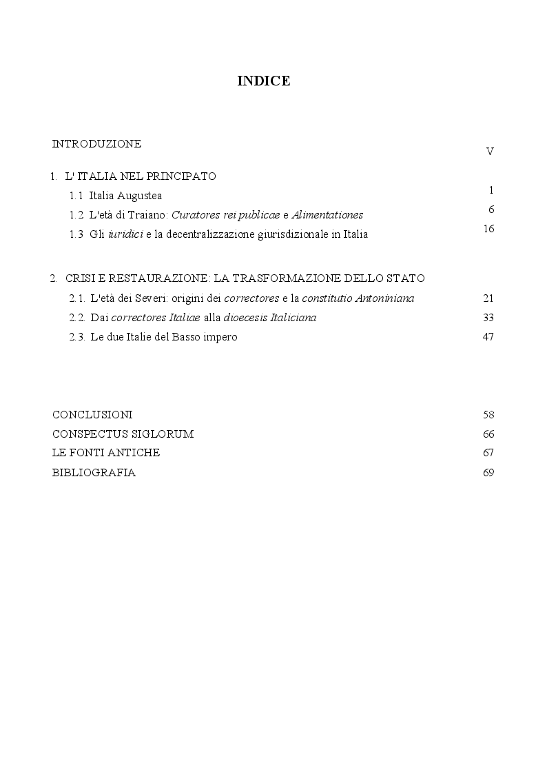 Indice della tesi: La provincializzazione dell'Italia romana. Persistenze e cesure dal Principato al Basso Impero, Pagina 1
